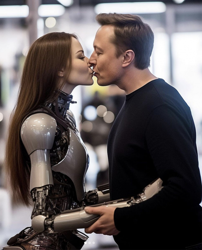 Elonas Muskas pabučiuoja gražią kiborg merginą (sukurta AI)